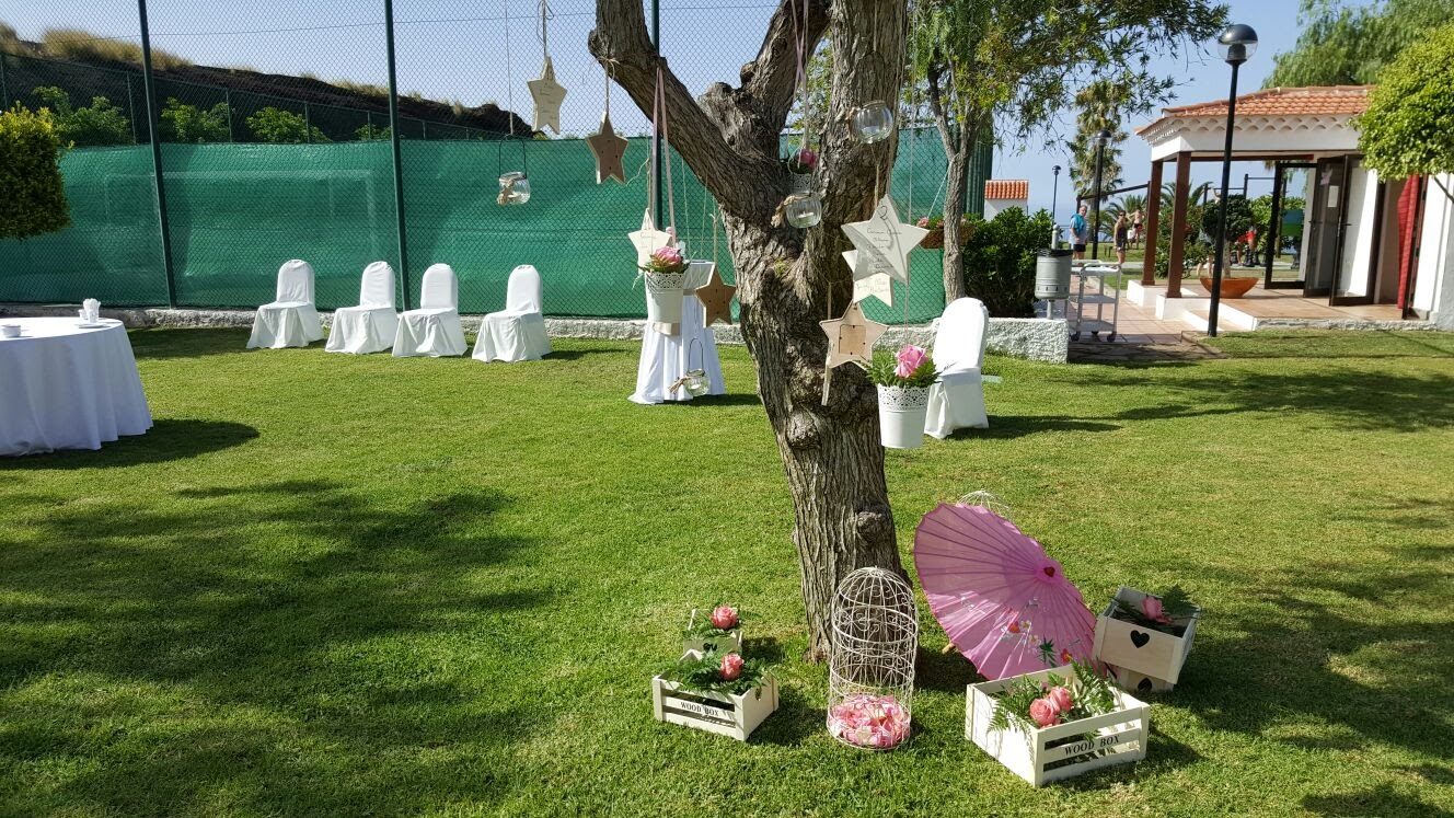 Árbol decorado con estrellas colgantes, jaula y sombrilla