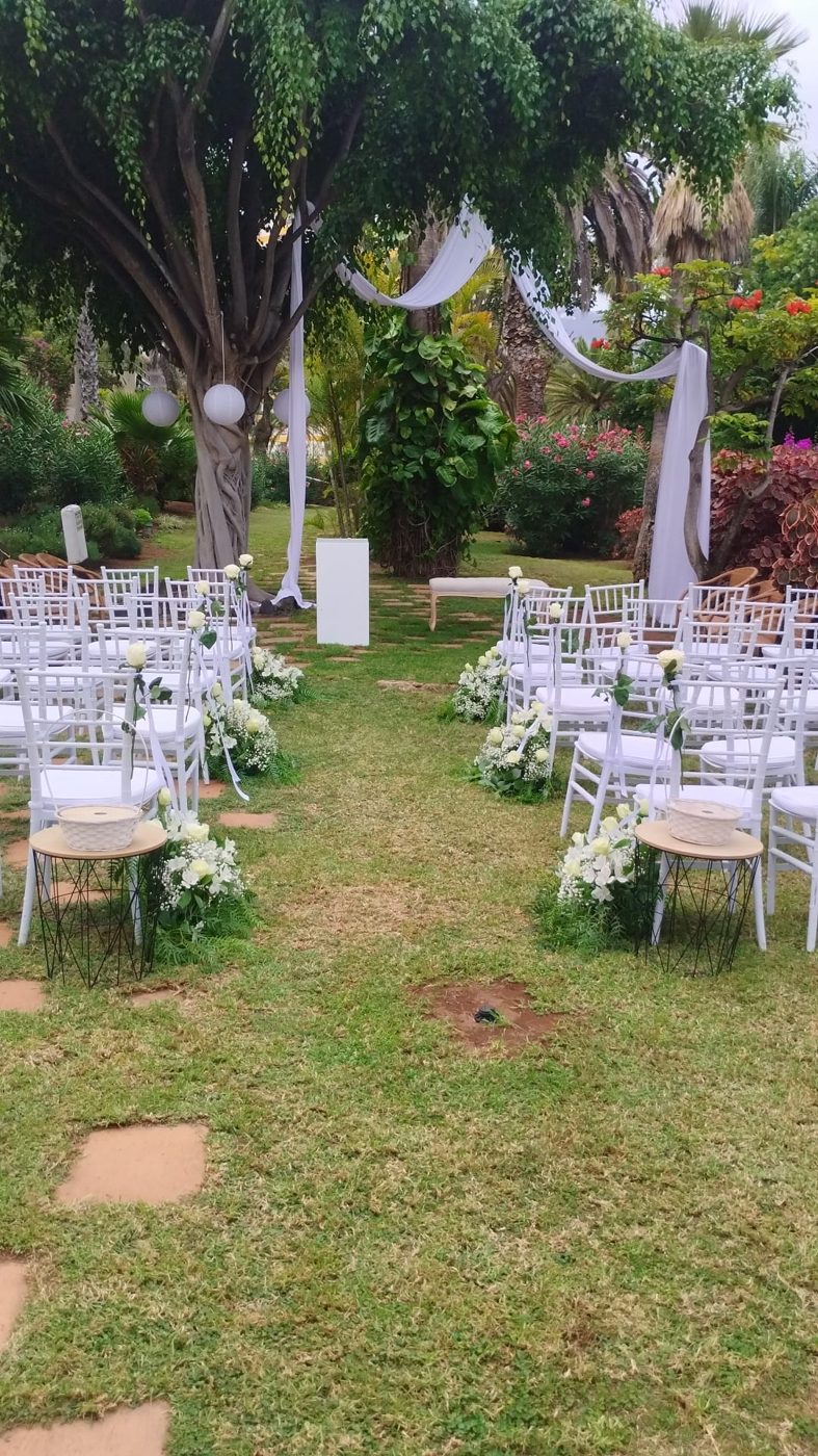 Pasillo de ceremonia bajo un árbol con farolillos y telas blancas