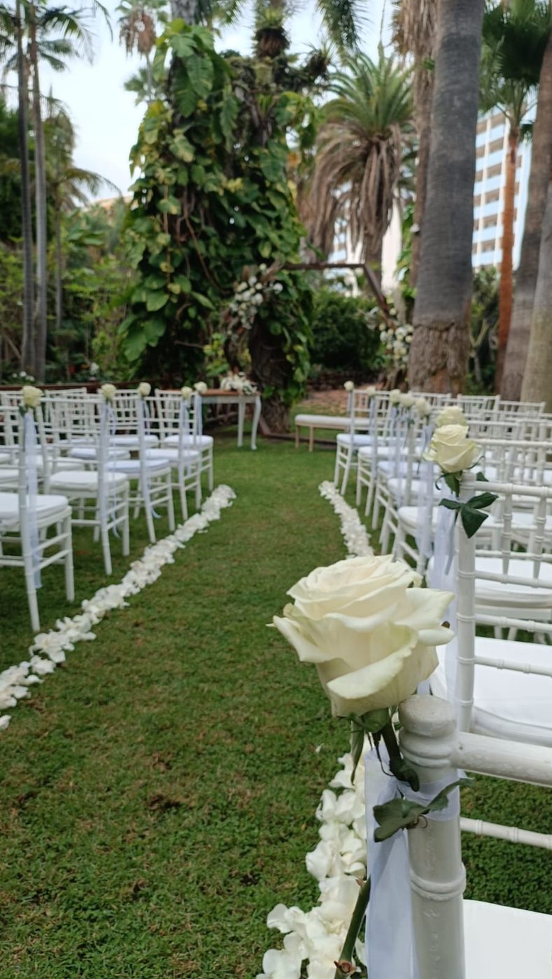 Pasillo de ceremonia con sillas blancas y rosas