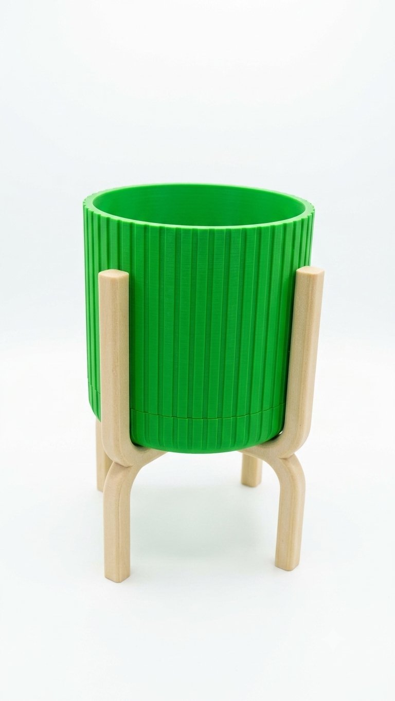 Macetero verde sobre patas de madera