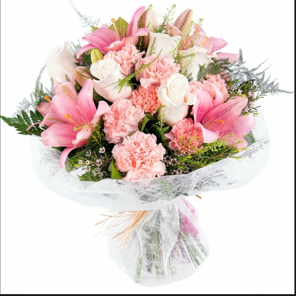 Ramo blanco y rosado con lilium, claveles y rosas blancas