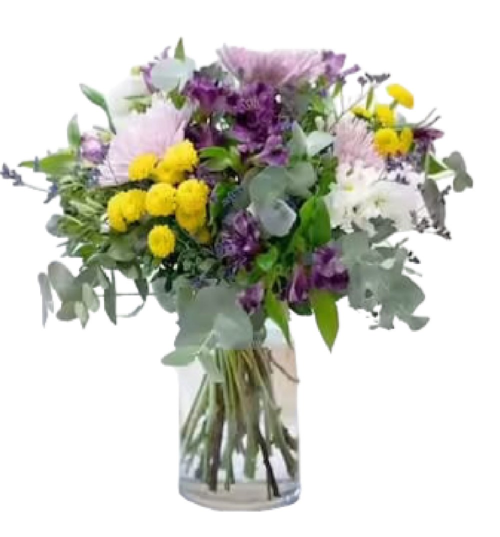 Ramo Primavera con flores lila, amarillo y blanco