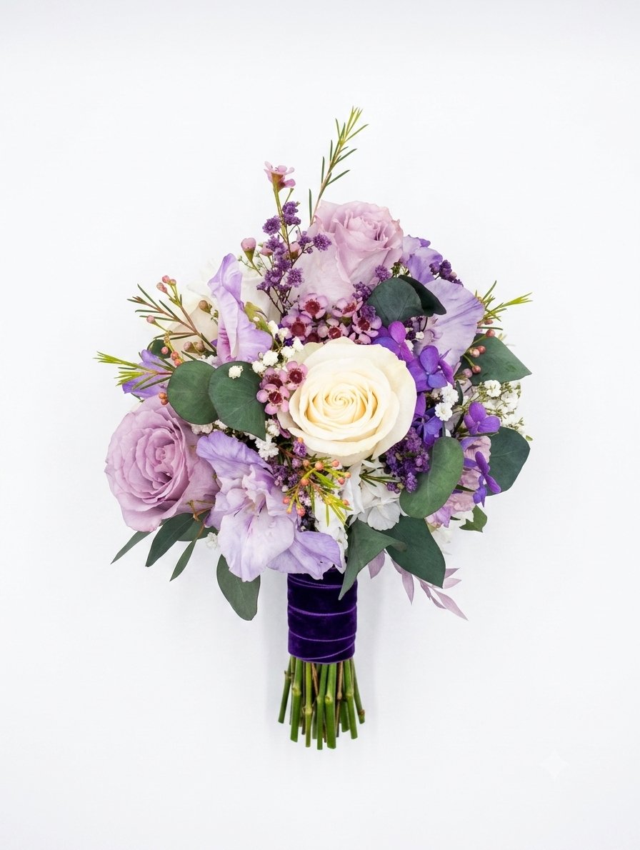 Ramo de novia con flor preservada en tonos lila y crema