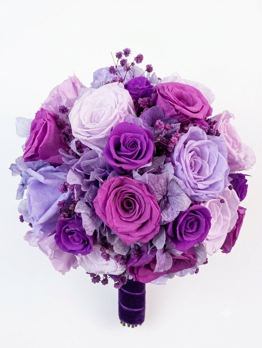 Ramo de novia con flor preservada en tonos morados