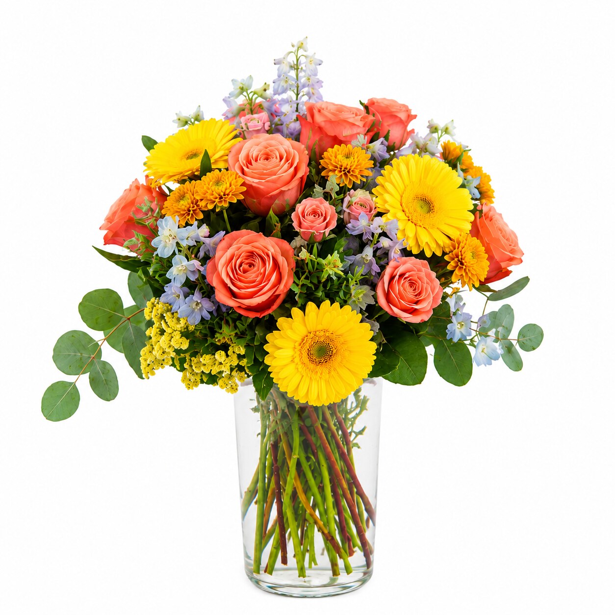 Ramo fresco de rosas y gerberas en tonos coral y amarillo