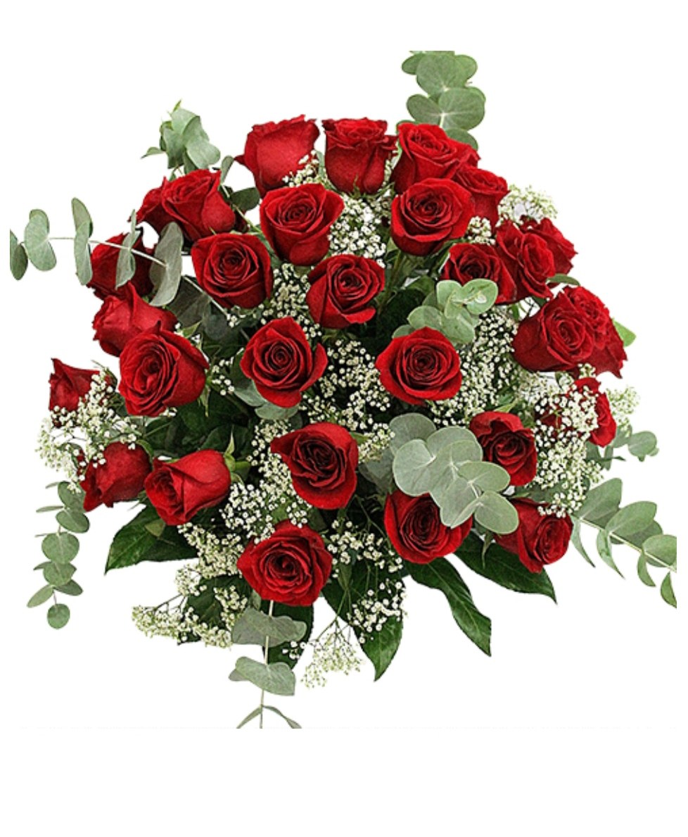 Ramo de rosas rojas con paniculata y eucalipto