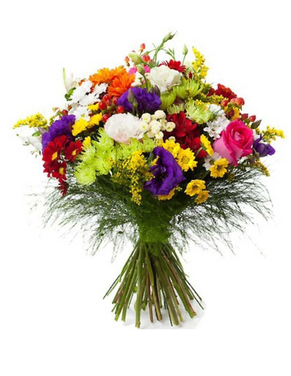Ramo variado multicolor con rosas, margaritas, lisianthus morado y flores de temporada